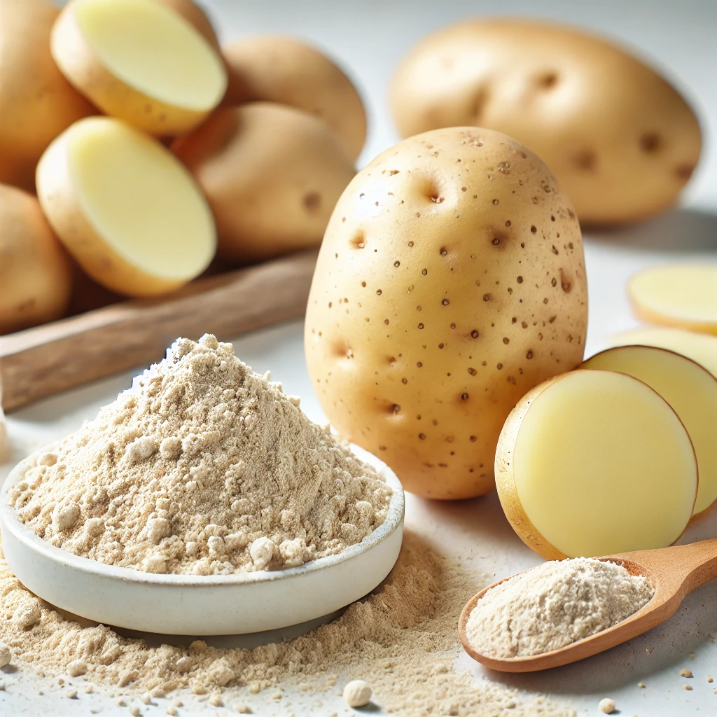 Light potato fiber powder next to a whole potato.