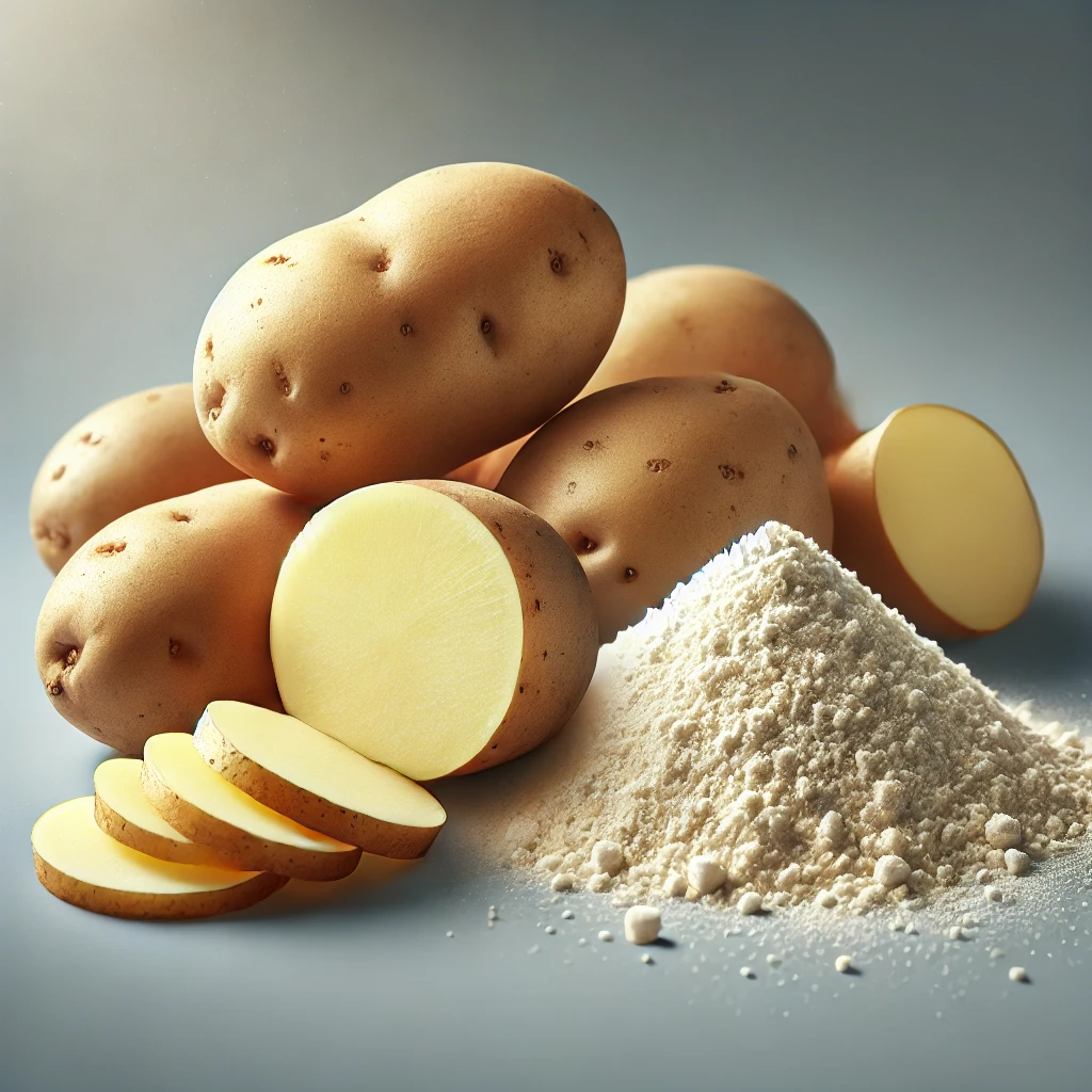 Potato protein powder in an open container with fresh potatoes