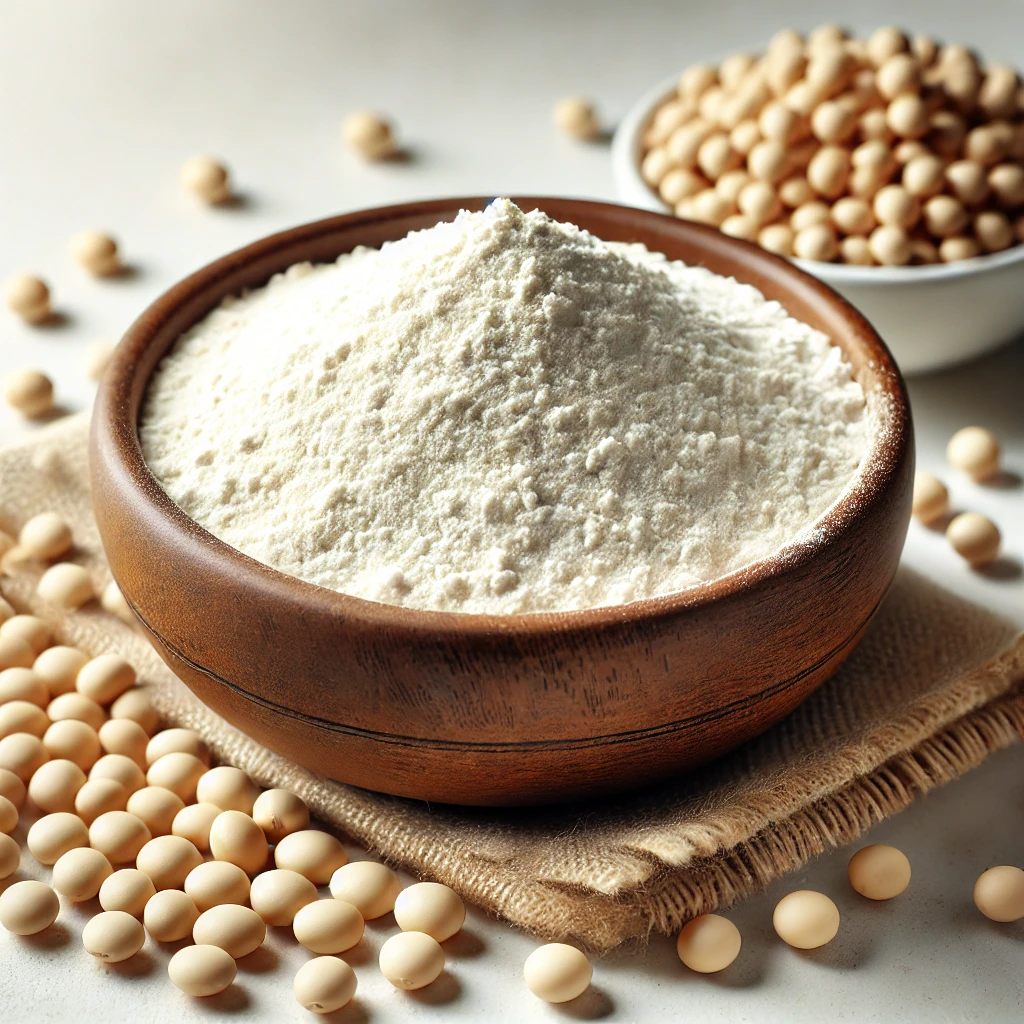 Rustic bowl of soy protein concentrate powder with soybeans next to it.