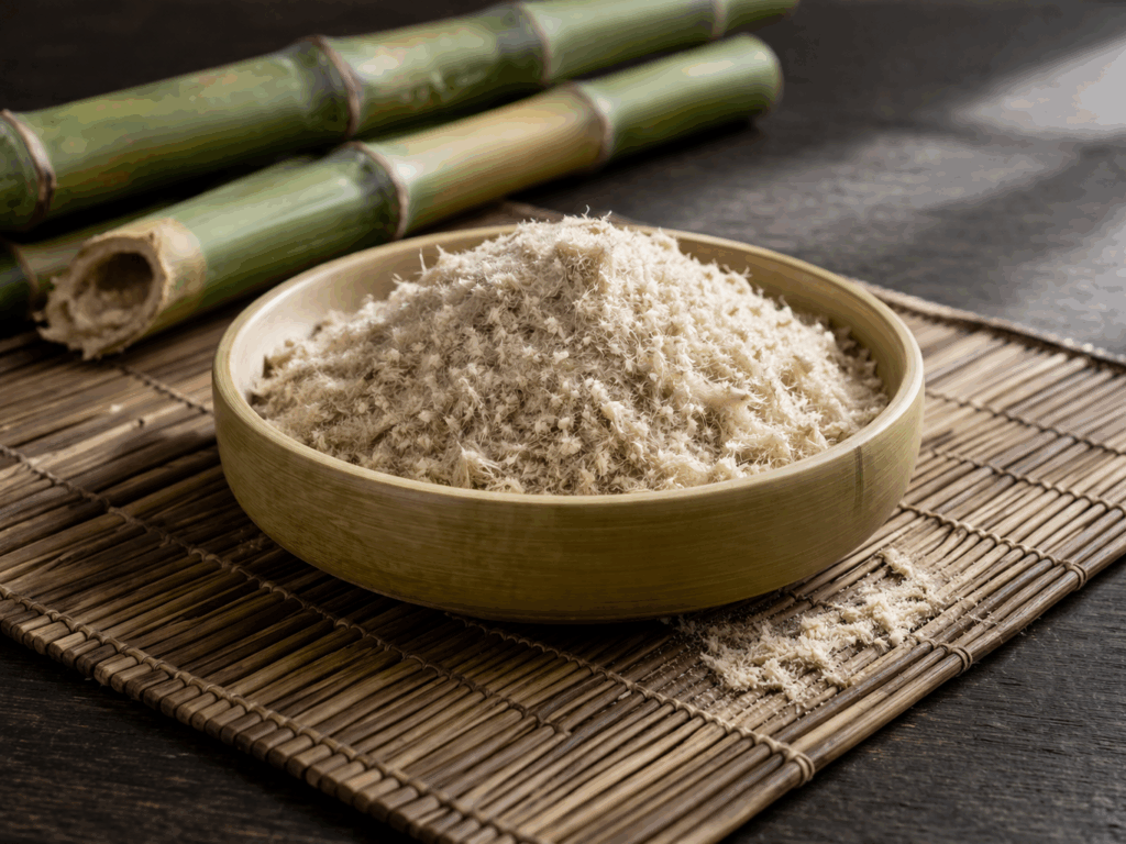 Image showing raw green bamboo stalks alongside soft, natural beige bamboo fiber bundles.