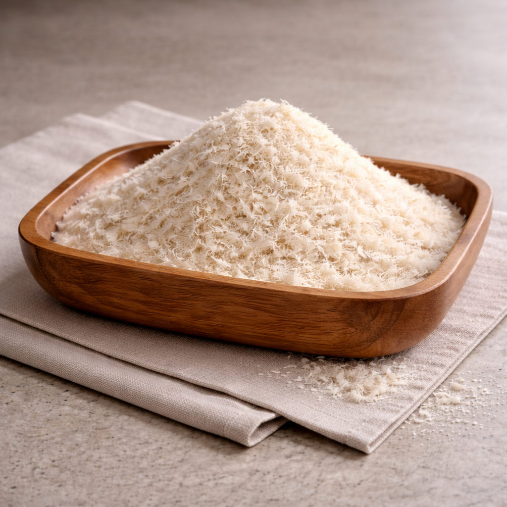 Close-up of cellulose fiber powder for food industry use.