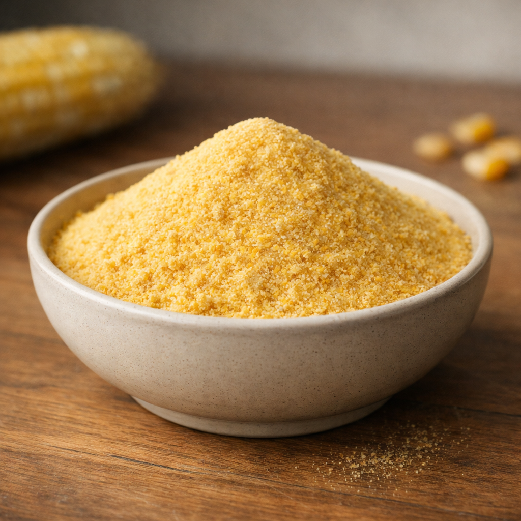 A pile of fine, yellow corn gluten meal on a light wooden surface.