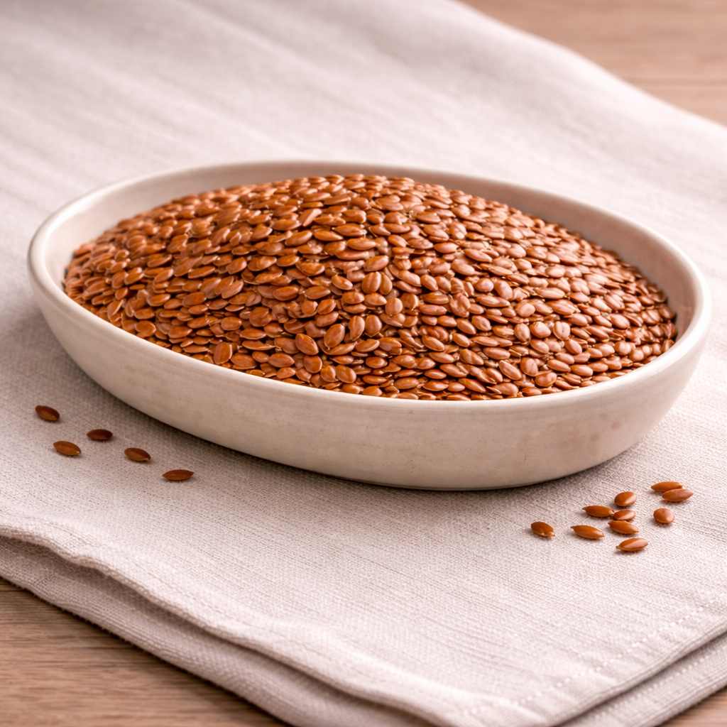  A close-up of a pile of glossy, brown flax seeds on a light wooden surface