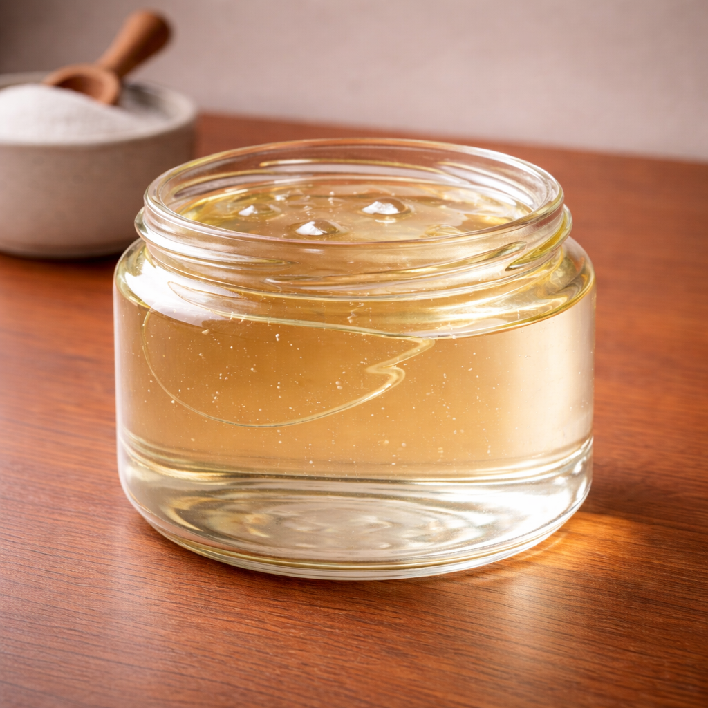 Clear glucose syrup in a glass jar.