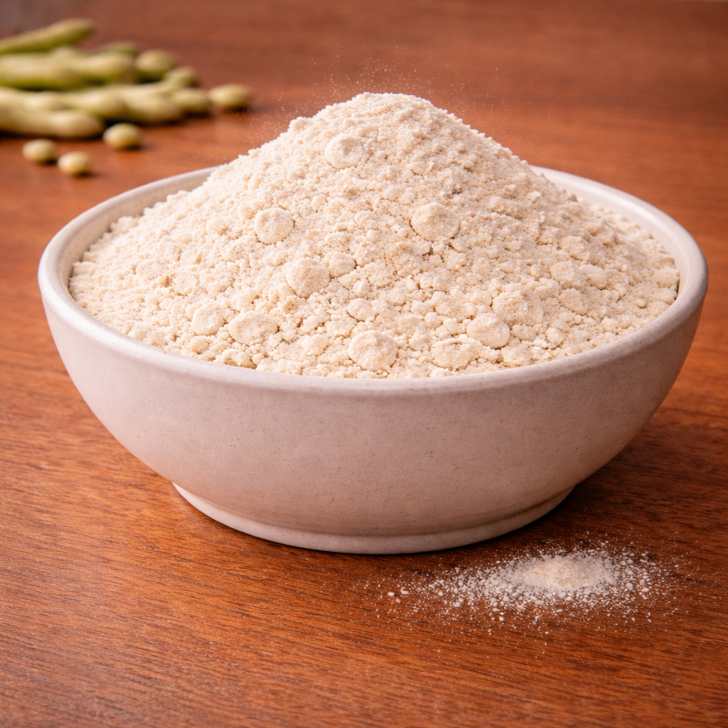 Close-up of fine guar gum powder in a small pile.