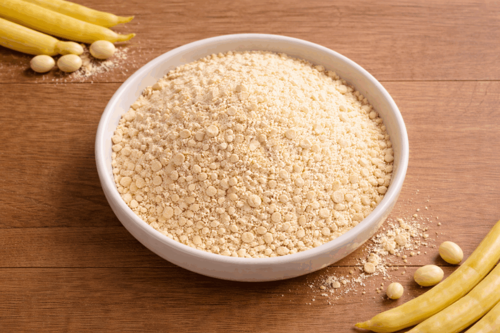 Guar seeds and guar meal powder placed separately on a wooden surface.