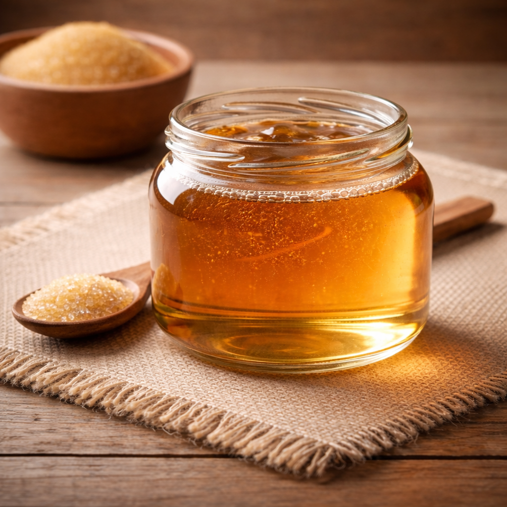 Golden-brown maltose syrup in a glass container.