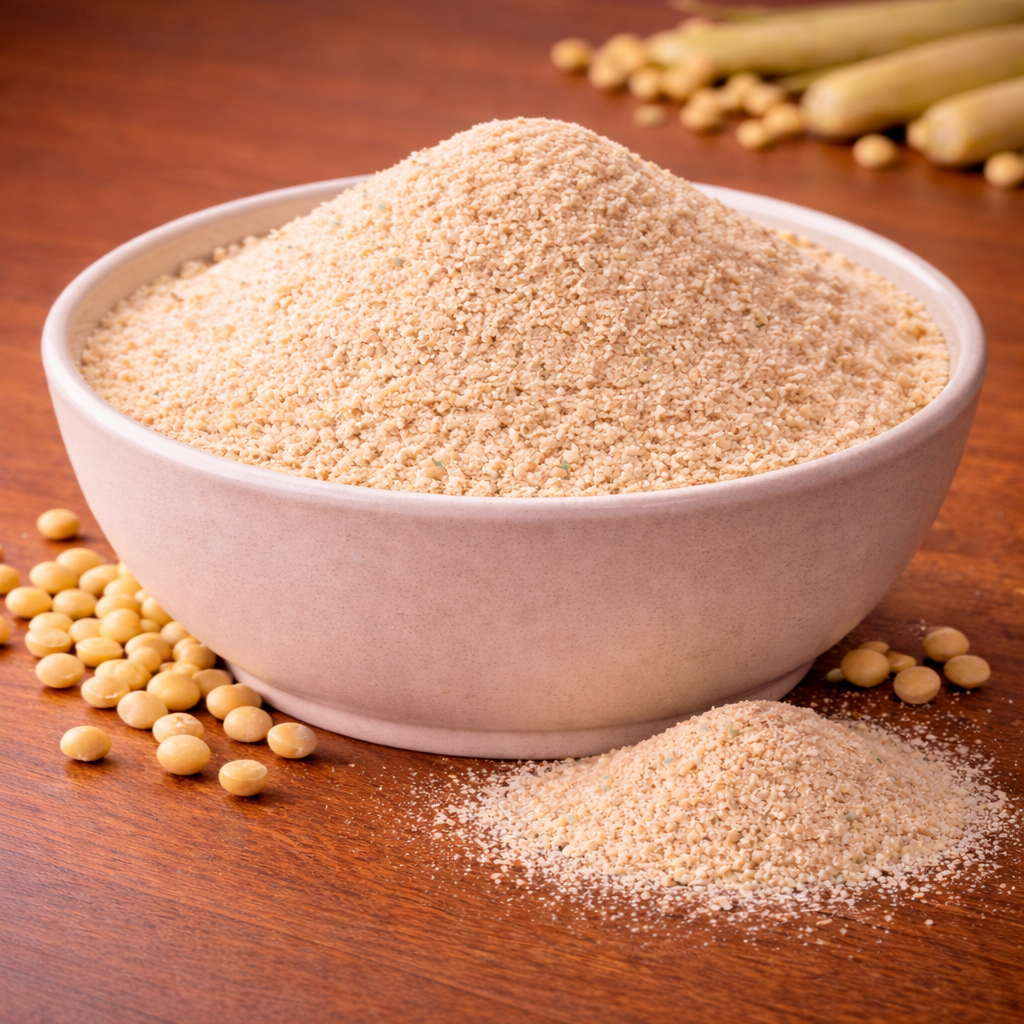 Light beige pea fiber powder close-up.