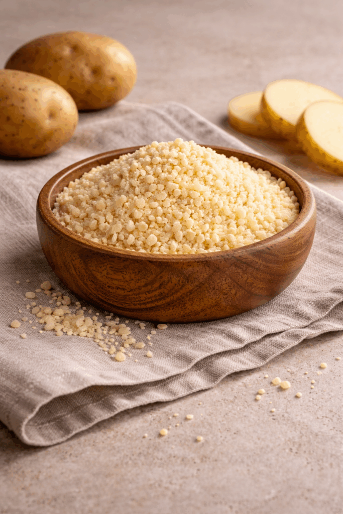 Fresh potatoes next to a bowl of fine potato granules.