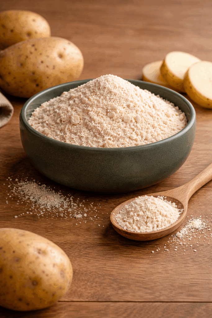 Light potato fiber powder next to a whole potato.