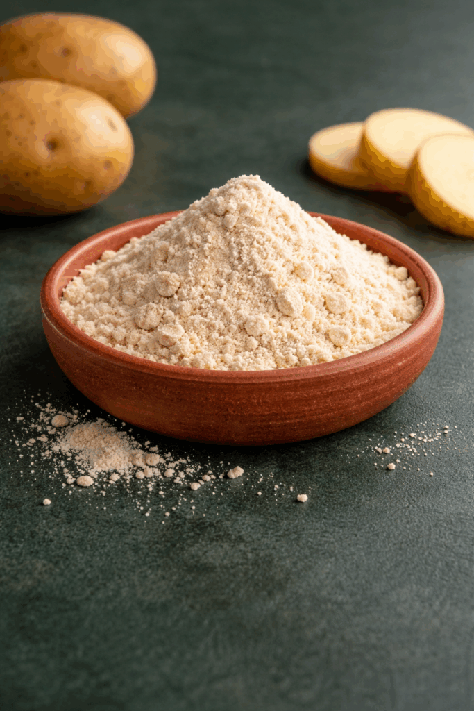 Potato protein powder in an open container with fresh potatoes