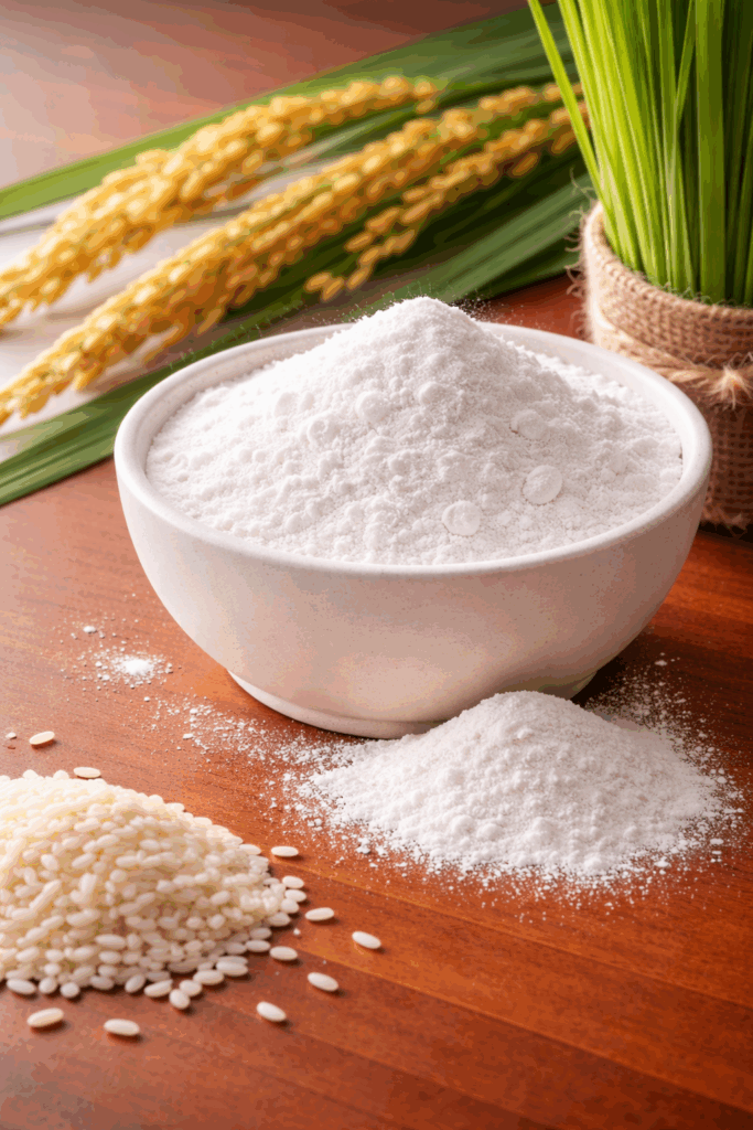Fine white rice starch in a bowl with rice grains nearby