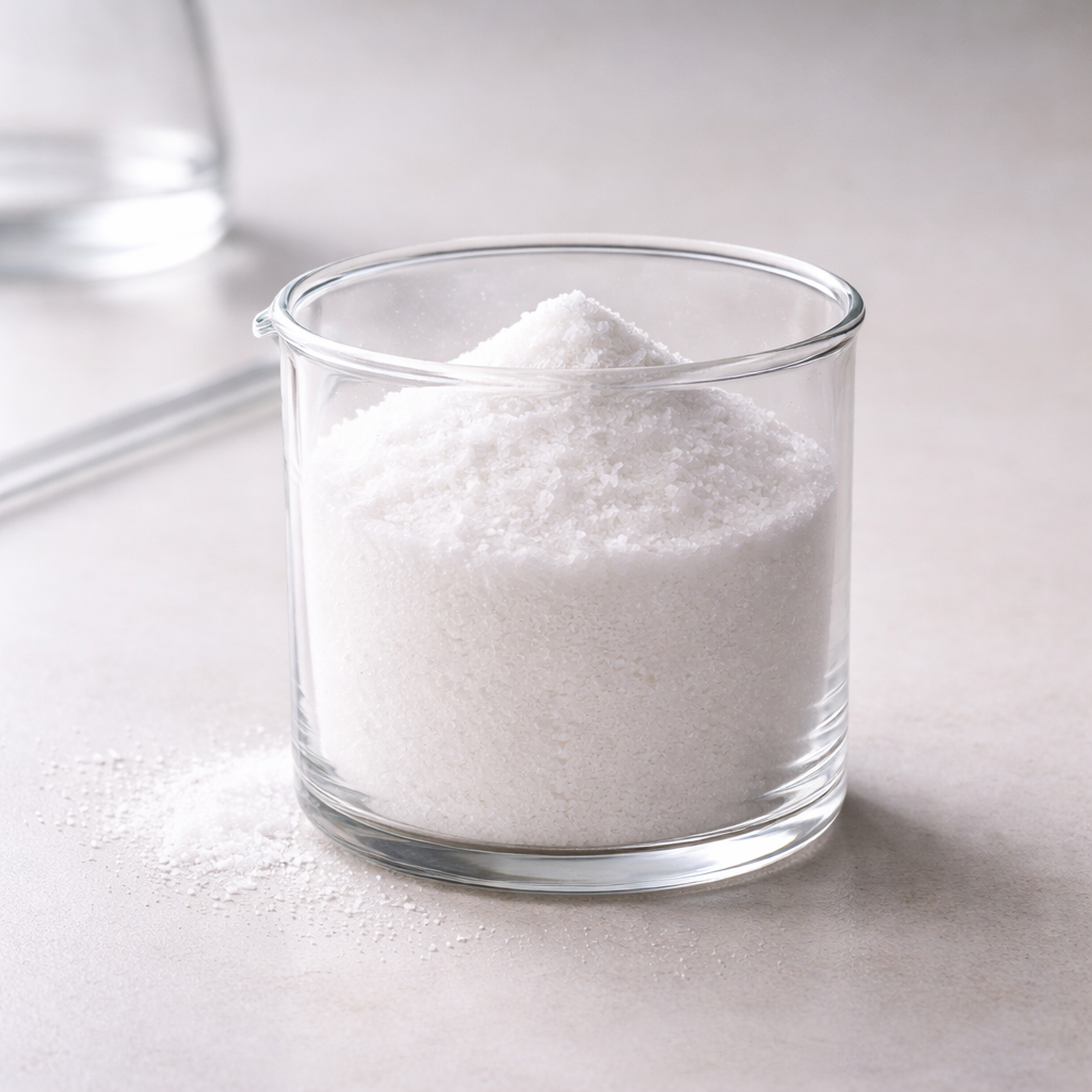 Clean white sodium saccharin crystals in a bowl on a neutral background.
