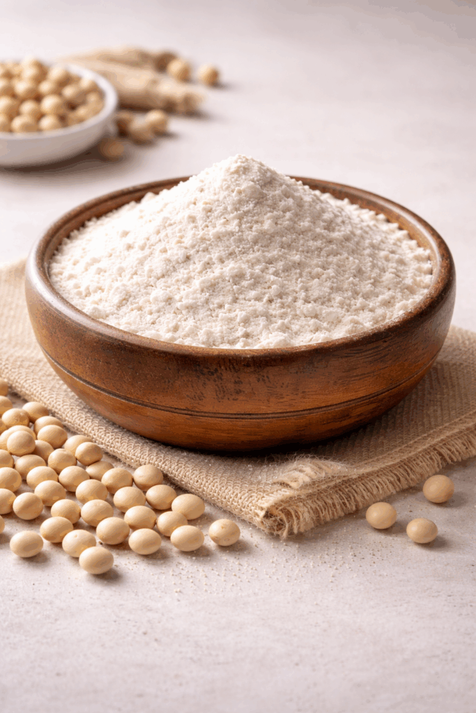 Rustic bowl of soy protein isolate powder with soybeans next to it.
