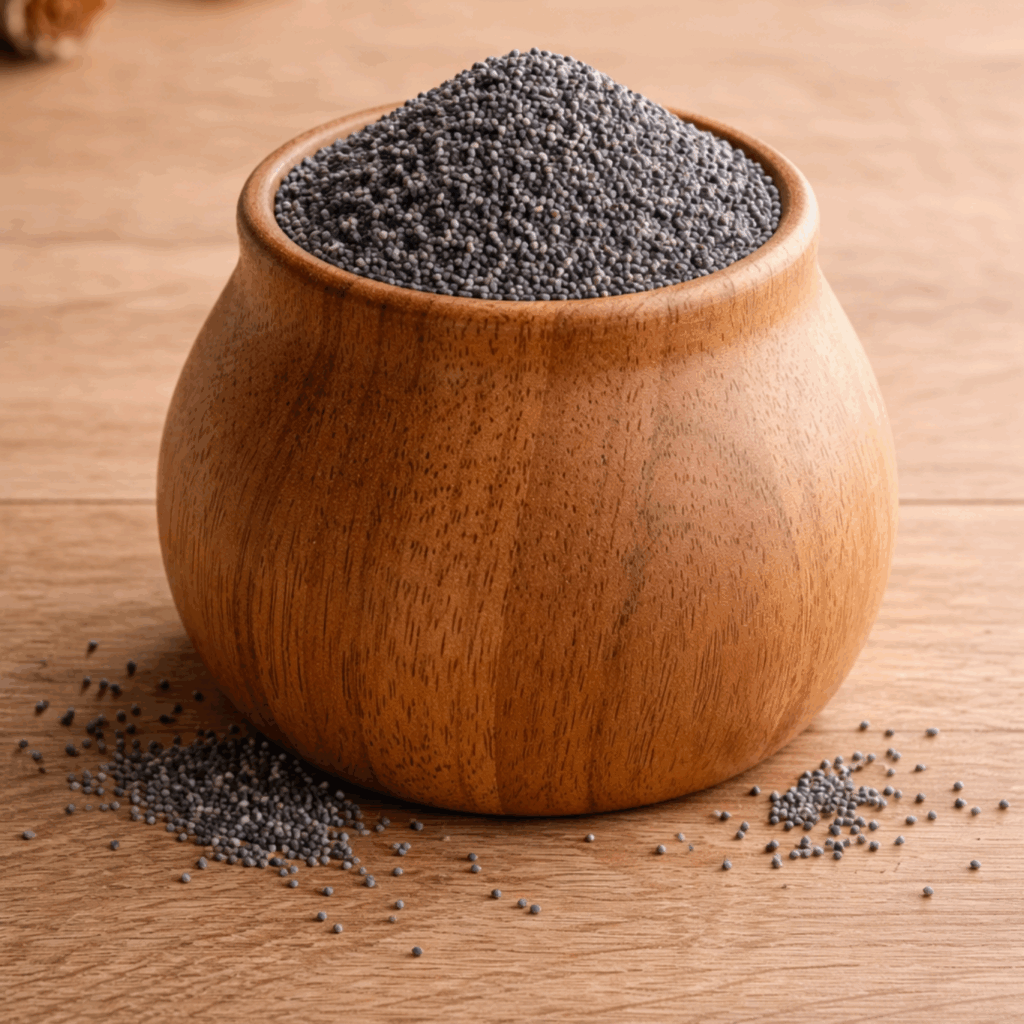 A neat pile of small, dark blue-black poppy seeds on a wooden surface.