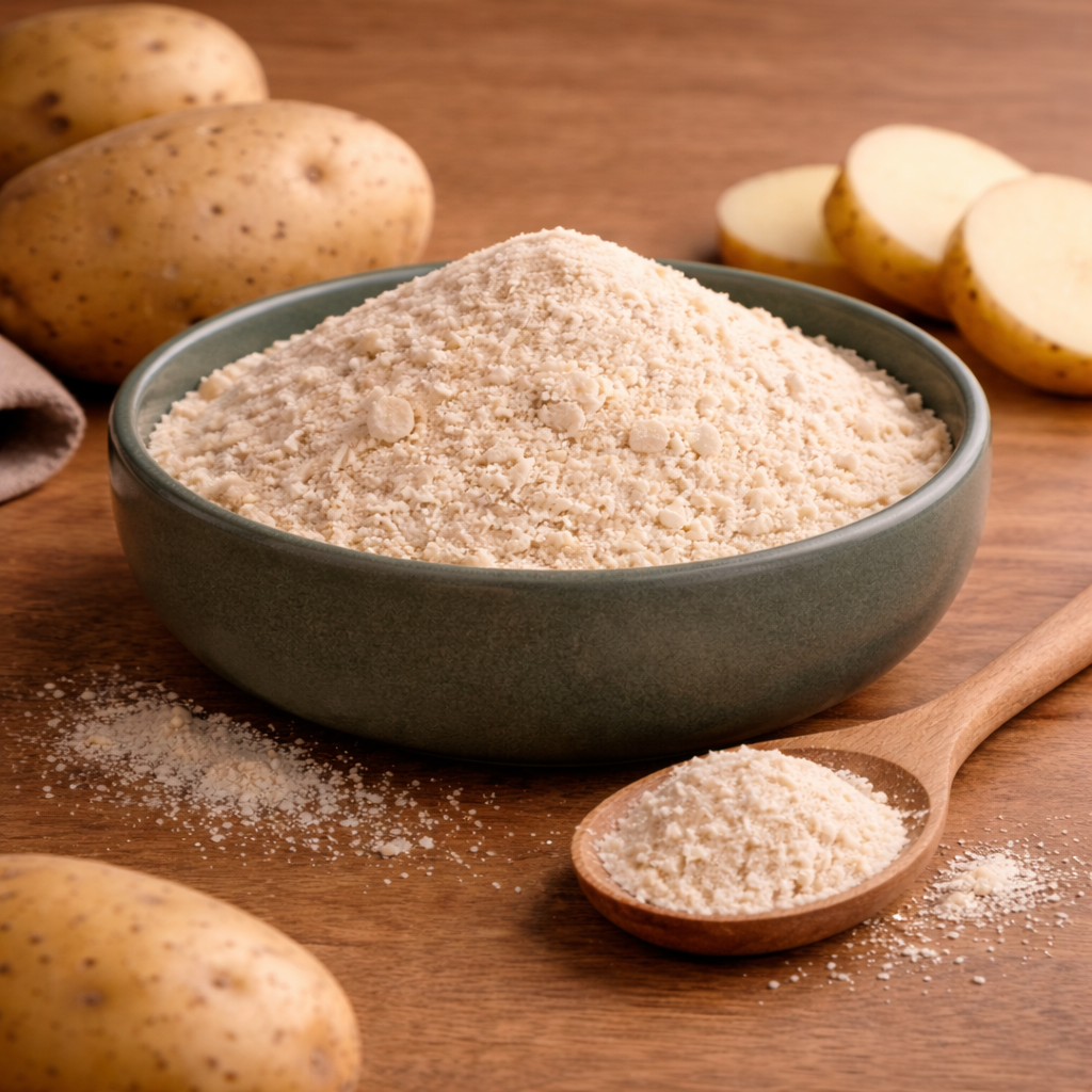 Light potato fiber powder next to a whole potato.