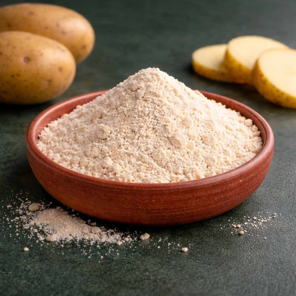 Potato protein powder in an open container with fresh potatoes