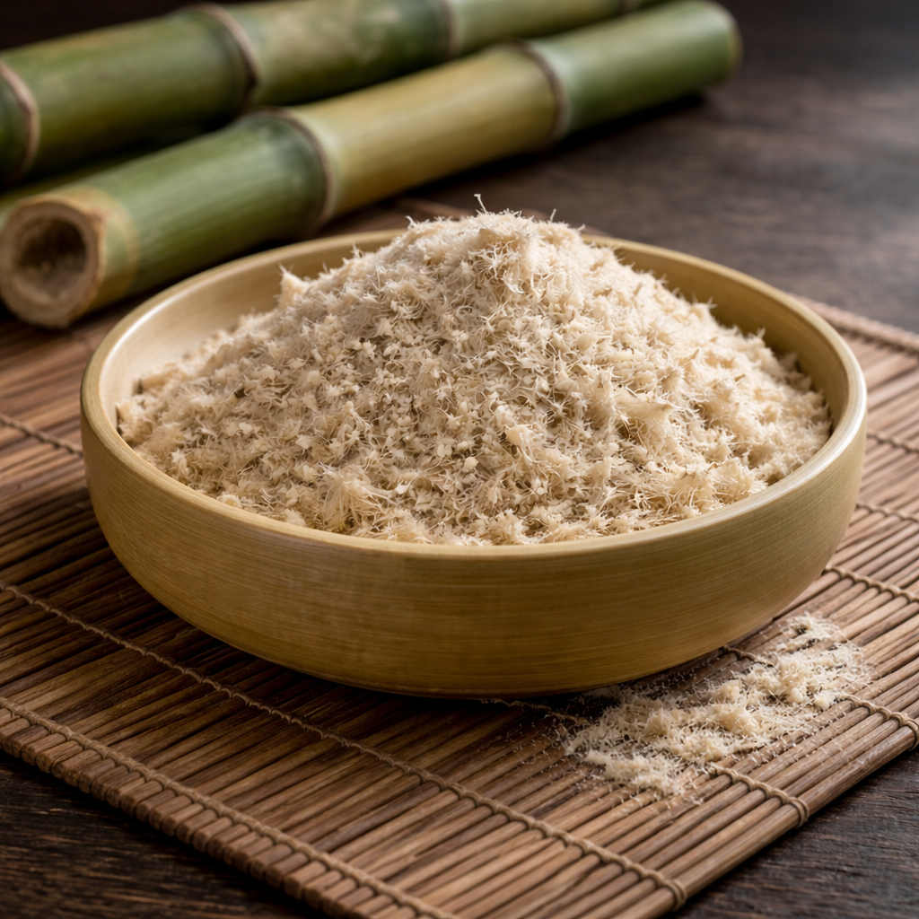 Image showing raw green bamboo stalks alongside soft, natural beige bamboo fiber bundles.