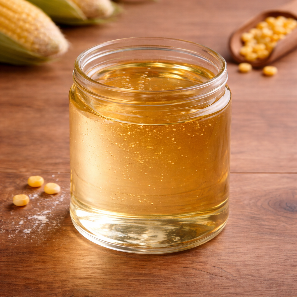 Smooth, clear high fructose corn syrup in a jar.