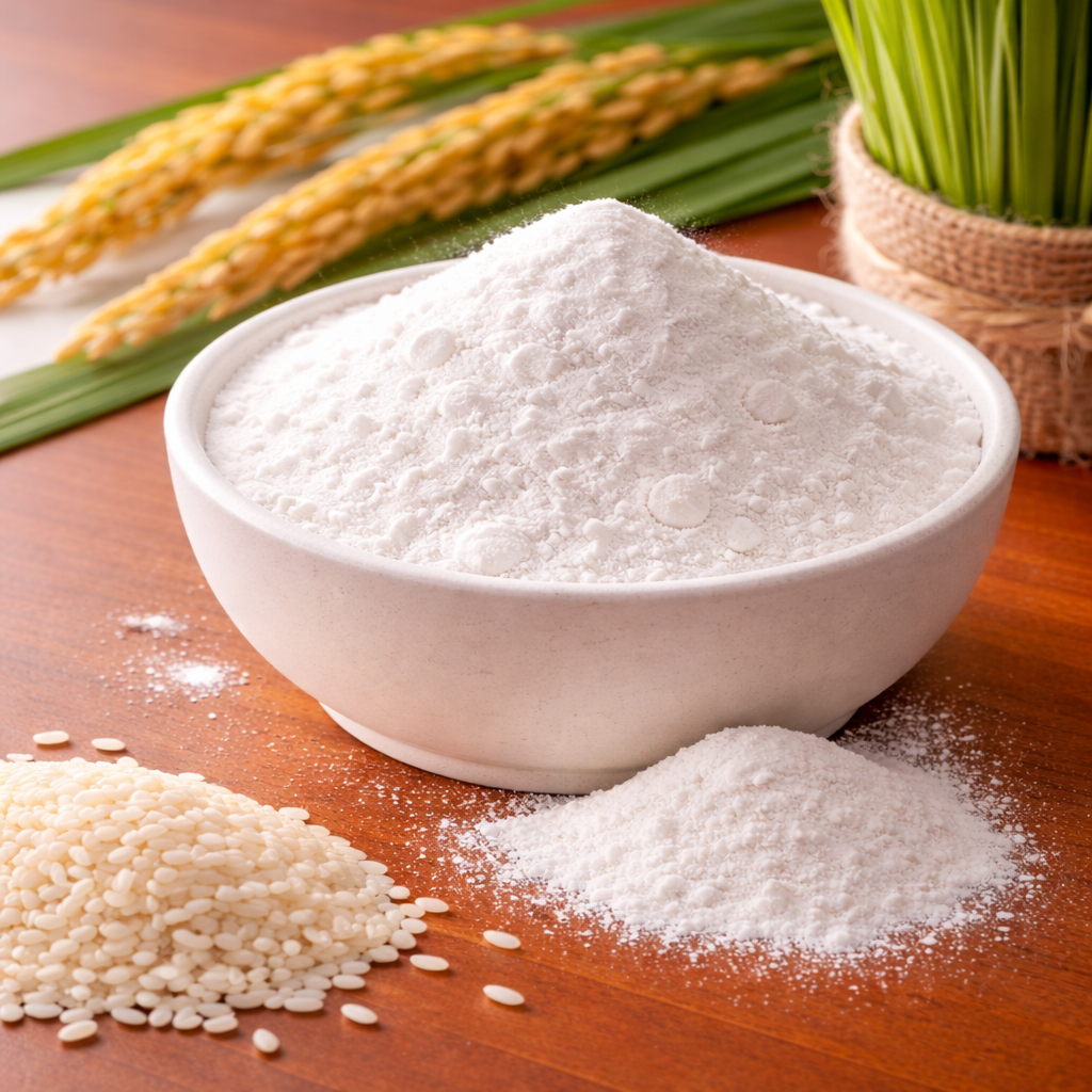 Fine white rice starch in a bowl with rice grains nearby
