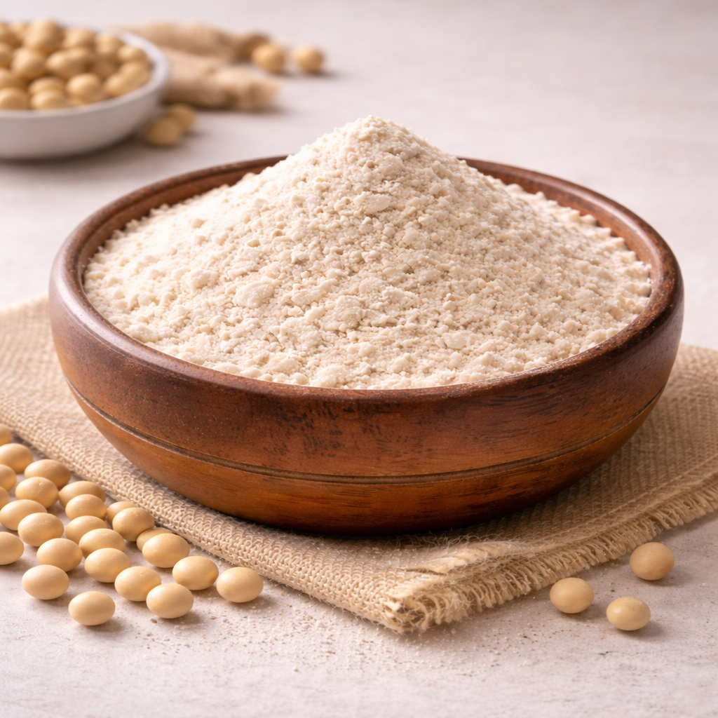 Rustic bowl of soy protein isolate powder with soybeans next to it.