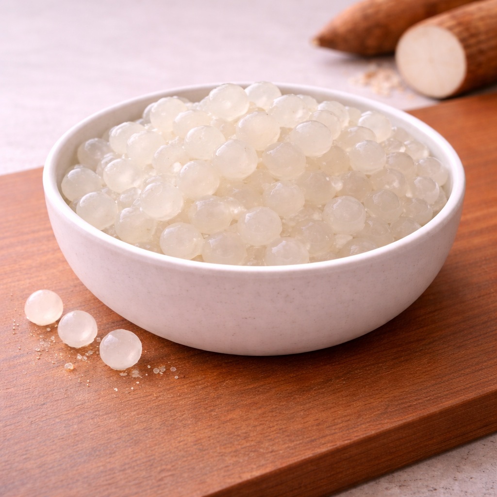Fresh tapioca roots beside a bowl of round, white tapioca pearls.