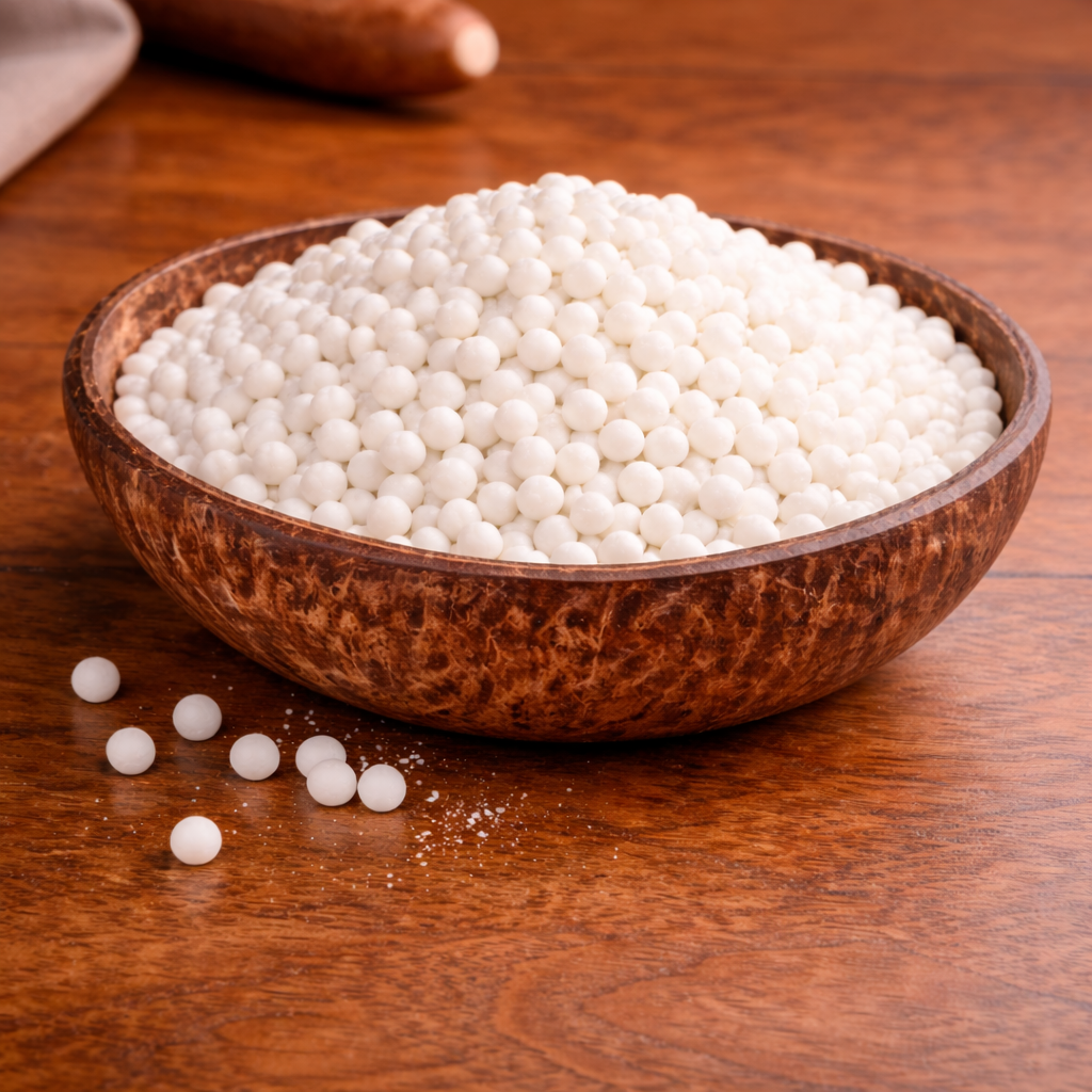 Fresh tapioca roots next to a bowl of tapioca pellets.