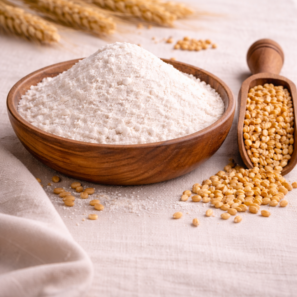 Wheat fiber powder with wheat grains and stalks.