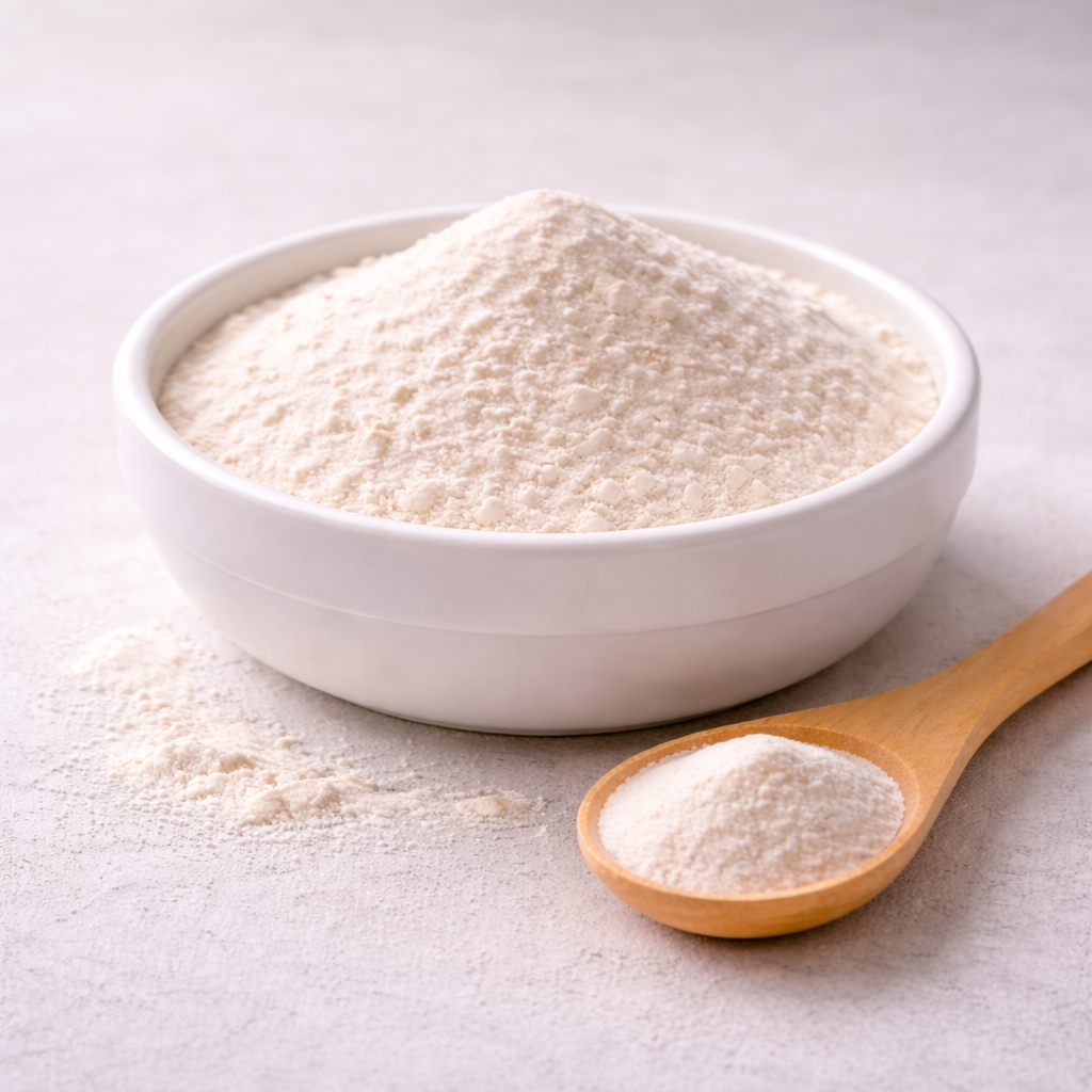Fine xanthan gum powder in a small pile.