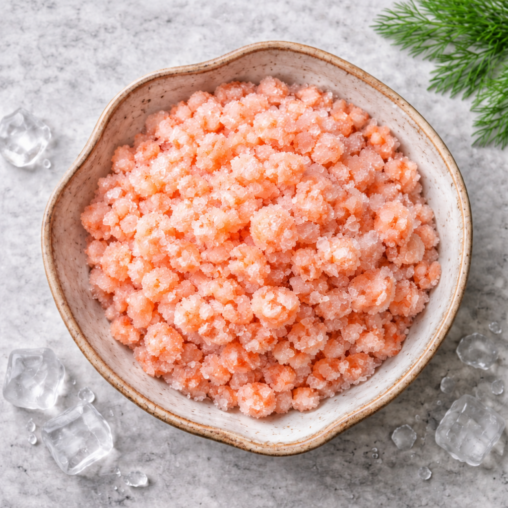 Frozen ground trout portions in a bowl on a clean, neutral background.
